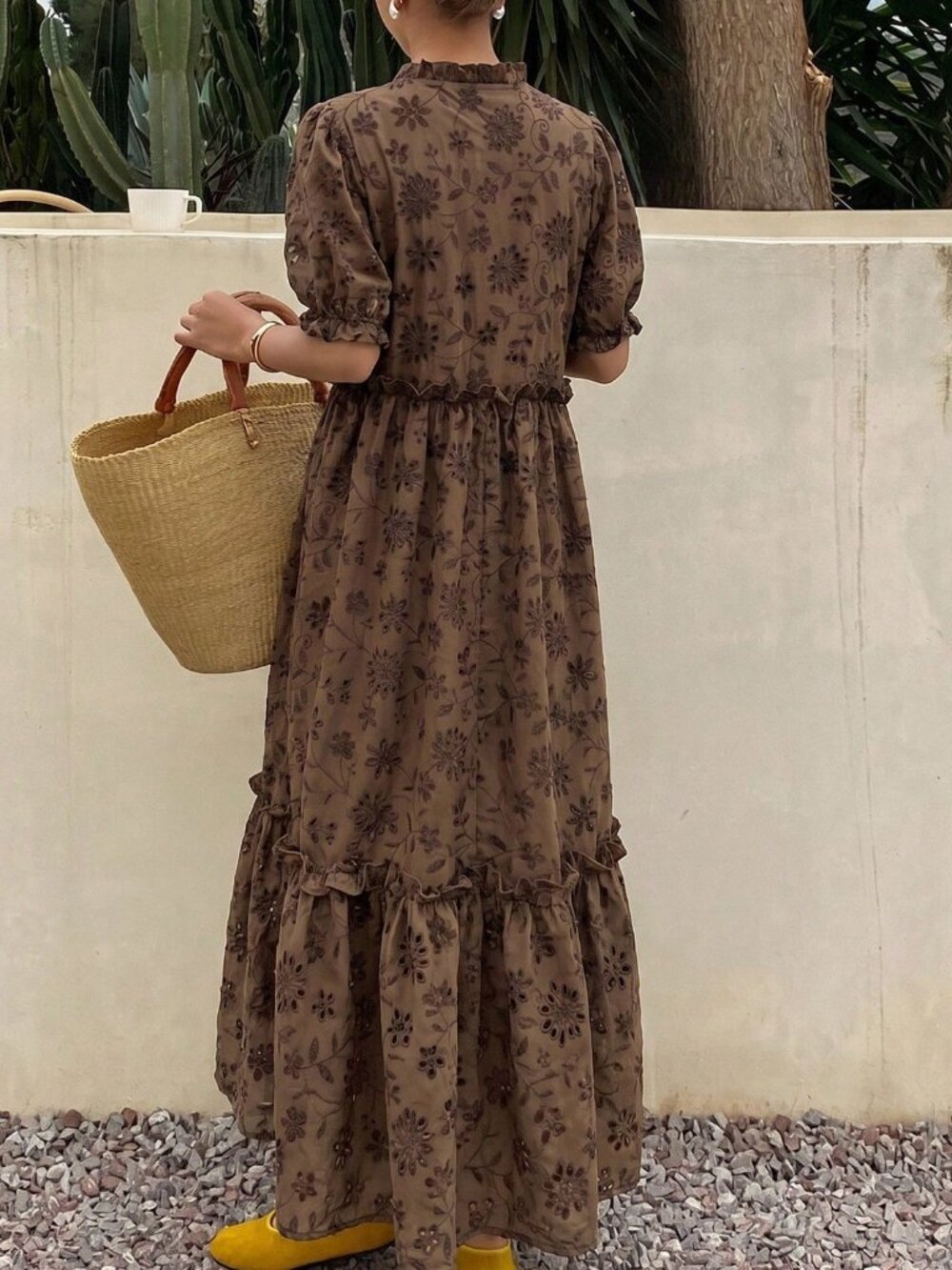 Brown Boho Women's All-Over Print Pleated Casual Party Travel Long Sundress - Picture 2 of 5